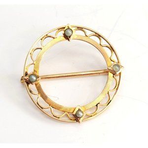 Antique Krementz 10k Gold Pin Brooch Round Seed Pearl Scalloped Double Lattice C